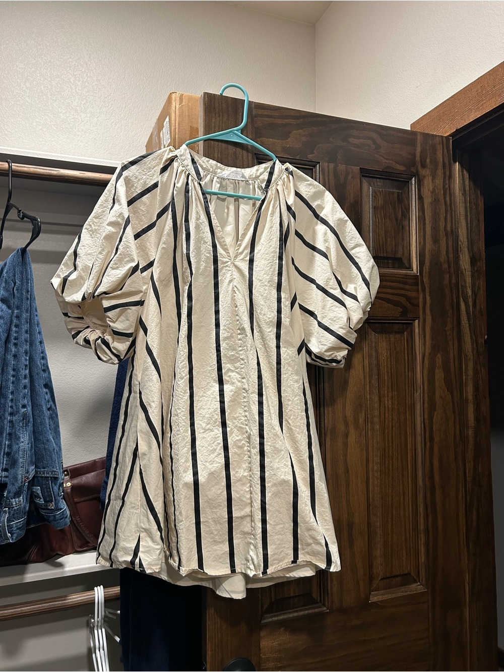 Impressions Cream and Black Vertical-Stripe Puff-Sleeve Midi Dress